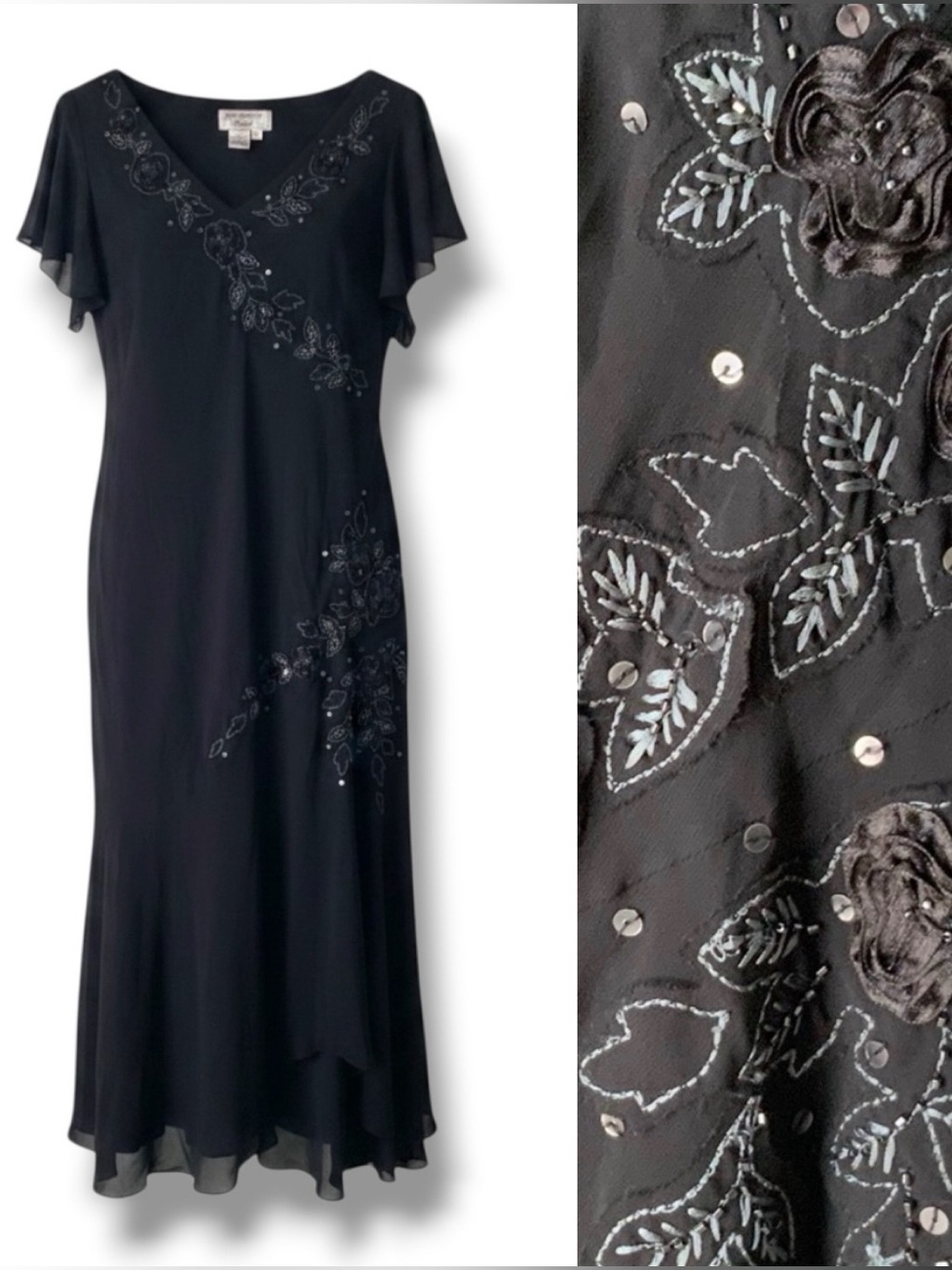 Vintage ADRIANNA PAPELL Maxi Dress Floral Sequin Embellishments Black Size 14W
